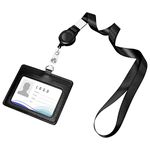 Vicloon Leather Badge Holder, 2-Sided PU Leather ID Badge Holder and Retractable Lanyards, Horizontal Badge Holder with 1 ID Window & 1 Card Slot for Work ID, School ID, Metro Card (Black)