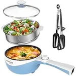 Audecook Hot Pot Electric with Steamer, 1.7L Mini Electric Skillet Portable Nonstick Sauté Pan with Power Adjustment, Rapid Ramen Cooker Travel Multicooker for Steak/Soup/Egg/Oatmeal/Noodles(Blue)