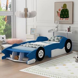 Bellemave Twin Size Race Car Bed for Kids,Wood Car-Shaped Platform Bed with Storage Shelves,Car Bed Twin with Wheels for Boys,Girls,(Twin,Blue)