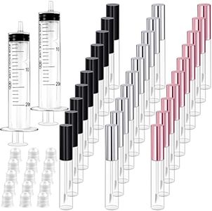 Bercoor 30 Pack Lip Gloss Tube, 10ml Empty Refillable Lip Balm Bottle Clear Plastic Lip Gloss Container with Rubber Stoppers for DIY Makeup, Personal Cosmetic, Black, Sliver and Pink