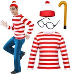 Hallowcoss Wheres Waldo Costume Adult Halloween Costume Red and White Striped T-Shirt Costume with Glasses (Men 1, Medium)