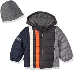 LONDON FOG Boys' Color Blocked Puffer Jacket Coat with Hat, Grey Orange Vertical Stripe, 3T, Grey Orange Vertical Stripe, 3T