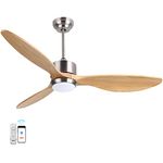 Ovlaim 132cm Silent Wood Ceiling Fan with LED Lights and Remote Control, Reversible DC Motor for Bedroom, Living Room, Lounge - Burlywood & Silver