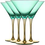 Khen Colored Martini Art Deco Glasses, Gold | Set of 4 | 8 oz Classic Cocktail Glassware for Cosmopolitan, Martini, Bellini, Sidecar, Speakeasy Style Goblets Stems, Vintage Blue, Teal, Green (8 OZ)