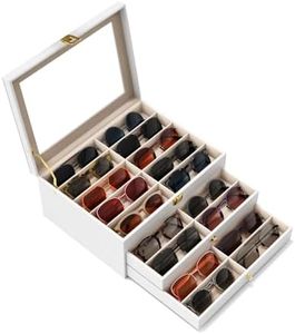 sensok Sunglasses Organizer Storage Box - 30 Slots Eyeglass Display Case for Multiple Pair Glasses, 3-Layer Holder with Clear Glass Lid, Jewelry and Watch Collection Box for Women and Men, White