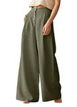 chouyatou Women's Summer High Waisted Cotton Linen Palazzo Wide Leg Casual Pants with Pockets, Green, Medium