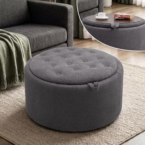 Tbfit Multi-Functional Round Storage Ottoman for Home - No-Assembly Footrest & Seat with Spacious Storage Plush Fabric Design for Living Room, Bedroom, Nursery (Dark Gray)