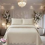 Brandream Beige Quilt Set Queen Size Cotton Vintage Luxury Matelasse Bedding Scalloped Quilt Coverlet Set 3 Piece