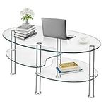 CASART Coffee Tables, Tempered Glass Oval Tea Tables with 2 Shelves, Steel Legs Modern 3 Tiers Cocktail Snack Table for Living Room Bedroom Office (Transparent)