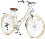 AVASTA 26 Inch Hybrid Bike, Lightweight Step-Through Hi-Ten Steel Frame for City Commuting, 6 Speed Comfort Bicycle with Light in Elegant Beige with Stylish Beige Tires for Woman Female