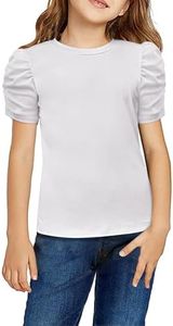 Arshiner Cute Shirts for Girls Girls Short Puff Sleeve Tops Summer Ribbed Knit Crewneck Tunic Tshirts Shirts White 10-11 Years