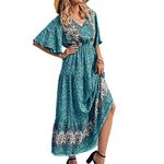 Geagodelia Women's Summer Maxi Dress Ladies Sexy Vintage Boho Long Dresses Floral V Neck Casual Short Sleeve Beach Dress Aesthetic Clothes UK (Blue Green, M)