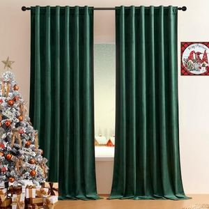 Timeper Velvet Curtains 96 inches Long - Rod Pocket Back Tab Heavyweight Drapes Sunlight & Heat Blocking for Living/Study Room Modern Dressing Look, Dark Green, 52Wx 96L, Set of 2 Panels