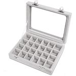 BASUWELL 24 Grid Velvet Jewelry Tray for Drawers Glass Clear Lid Showcase Display Storage Ring Trays Holder Earrings Organizer Case-Grey