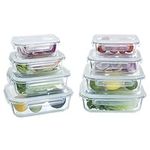Navaris Glass Food Storage Containers with Lids - Set of 8, Airtight & Lockable - Reusable Meal Prep Containers for Lunch, Leftovers & Picnic - Microwave, Dishwasher & Oven Ready
