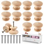 Wood Drawer Knobs, 12 Pcs Mushroom Shaped Furniture Pulls, Wooden Round Knobs for Drawer, Wardrobe, Dresser, Cupboard (Natural Wood Color)