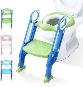 Potty Training Toilet Seat with Step Stool Ladder for Kids Children Baby Toddler Toilet Training Seat Chair with Soft Cushion Sturdy and Non-Slip Wide Steps for Girls and Boys (Blue Green)