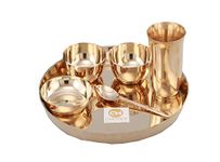 Copper-Master Pure Bronze Thali Set Hand Made 6 Piece Dinner Thali Set 1 Dinner Plate 2 Bowl 1 Rice Plate 1 Glass & 1 Spoon | Best Gift Concept Spiritual Gift Item Concept Hotelware Dinnerware