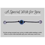 EVIL EYE Black Wish Bracelet, Hemp with Blue Resin Bead on Printed Card, 12 inches long, Adjustable Unisex Design, Friendship Anklet, Spiritual Gift for Women