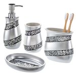 Creative Scents Bathroom Accessories, 4-Piece Mosaic Glass Bathroom Set – Luxury Bath Accessory Gift Set Includes Soap Dispenser, Toothbrush Holder, Tumbler & Soap Dish – Finished in Stunning Silver