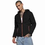 Campus Sutra Men's Black Puffer Jacket With Contrast Zipper For Casual Wear | Hooded Neck | Long Sleeve | Zipper Closure | Polyester Jacket Crafted With Comfort Fit For Everyday Wear