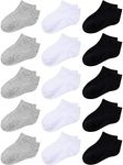 Cooraby 15 Pairs Kids' Half Cushion Low Cut Socks Teens Ankle Socks for Big Boys or Girls, Black, Gray, White, 10-15 Years