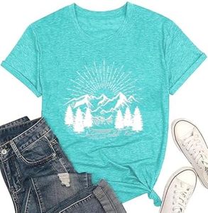 Hiking Shirt for Women Funny Nature Sunrise Graphic Mountain T Shirt Summer Casual Workout Short Sleeve Adventure Tees, Mint Green, XX-Large