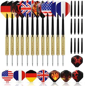 Gwhole Lot de 12 Fléchettes à Pointe Aiguille en Acier avec 28 Ailettes 12 Tiges Supplémentaires 8 Styles Ailettes Drapeau Flammes Jeu Familial Compétition Family Party Jeux Concours Professionnels