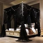 VETHIN 4 Corners Post Princess Bed Canopy Curtain Double Layer Cozy Drape Netting 4 Opening Mosquito Net for Girls & Adults Bedroom Decoration Accessories (Double Black, 53" W*78" L*82"*H/(Full))