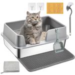 Papettly High Sided Stainless Steel Litter Box - Metal Cat Litter Tray with Splash-Proof Lid, Easy Cleaning & Odor-Less Kitten Litter Tray with Double Layer Litter Mat, Litter Scoop, Brush, 50x35x20CM