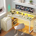 YITAHOME L Shaped Desk with Drawers, 55" Corner Computer Desk with Power Outlets, L-Shaped Desk with LED Lights & File Cabinet for Home Office, White & Oak