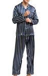 Men’s Sleepwear Satin Pyjama Set Nightwear Loungewear (Blue and Beige Striped, Large)