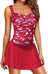 Ekouaer Swim Dress One Piece Bathing Suit Skirted Swimsuits for Women Ruched Retro Swimwear S-XXL Wine Red