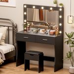 YESHOMY Vanity Desk with Mirror, Power Outlet and 10 Lights, Makeup Table with 2 Drawers, 3 Color Modes Available for Bedroom, Black