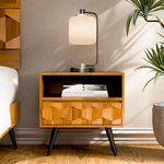 Bme Georgina Solid Wood Nightstand With 1 Drawer & Open Shelf- Fully Assembled Mid Century Modern Side Table - Geometric Pattern Bedside Dresser for Bedroom and Living Room