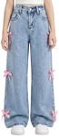 Jiquruby Girls Jeans High Waisted Baggy Denim Pants Cute Bow Wide Leg Casual Fashion Streetwear 12-13 Years