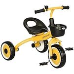 AIYAPLAY Trike for 2-5 Years Old, Kids Tricycle with Adjustable Seat, Basket, Bell, Yellow