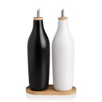 Sweejar Matte Ceramic Olive Oil Dispenser Bottles with Bamboo Tray, 17 Oz Oil Dispenser Set for Kitchen Counter, Opaque Oil Cruet for Cooking, EVOO, Vinegar, Avocado Oil, Pack of 2(Black White & Tray)