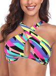 RELLECIGA Women's Neon Striped Halter Bikini Top Criss Cross Cutout Bathing Suit Size Large