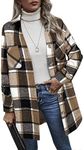 Hotouch Brown Flannel Women Long Sleeve Coat Button Closure Retro Plaid Shirts Jacket Lapel Trench Wool Blend Jacket with Pockets Coats(Brown S)