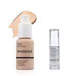 ABRUS - Phoera Full Coverage Foundation Soft Matte Oil Control Concealer 30ml Flawless Cream Smooth Long Lasting 24HR with 6ml Makeup Lasting Facial Moisturizing Face Primer (102 Nude & Primer)