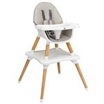 GYMAX Wooden Baby Highchair, Infant Feeding Seat with 4 Position Adjustable Tray, 5 Point Safety Harness and PU Cushion, 4 in 1 Convertible Baby Chair for 6 Months to 3 Years (Gray)