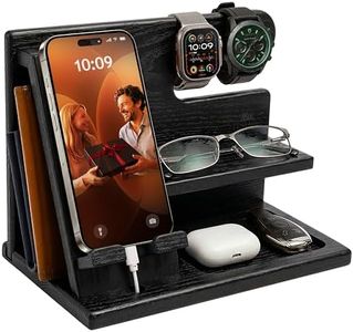 TESLYAR Wood Phone Docking Station Ash Key Holder Wallet Stand Watch Organizer Men Gift Husband Wife Anniversary Dad Birthday Nightstand Purse Father Graduation Male Travel Idea Gadgets (Black)