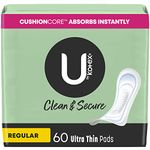 U by Kotex Clean & Secure Ultra Thin Pads for women (Previously 'Security'), Regular Absorbency, 60 Count (Packaging May Vary)