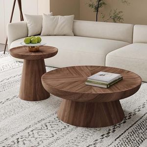Mid Century Modern Coffee Table Set for Living Room: Round Wood Compact Size 35.4 Inch Center Table + 19.7 Inch Side Table for Small Space, Fully Assembled, (Walnut Brown)