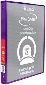 BAZIC Products 3 Ring Binder 1/2" Economy View Binders Organizer - Purple, Round Ring, Hold 100 Sheets Paper, for School Office Home, 1-Count