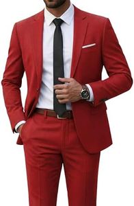 YND Men's Slim Fit 2 Piece Suit, One Button Jacket Pants Set with Tie, Solid Party Wedding Dress Blazer, Tux Trousers, Red