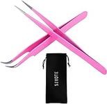 SIVOTE Lash Tweezers for Eyelash Extensions, Hand Calibrated Straight & Curved Tip, Pack of 2, Pink