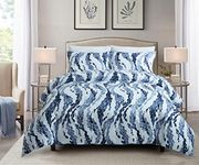 Home Beyond & HB design - Printed Duvet Cover Set Queen Size - 3 Pieces (1 Duvet Cover with Zipper Closure Corner Ties + 2 Pillow Sham) - White and Blue Pattern, Ultra Soft Brushed Microfiber