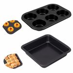 Casa Azul 2-PCS Non-Stick Baking Tray Set | 6-Cup Muffin Tray & 9" Square Cake Tins for Baking - BPA Free Heavy-Duty Carbon Steel Cake Pan, Microwave & OTG Oven Safe Cake Mould for Baking